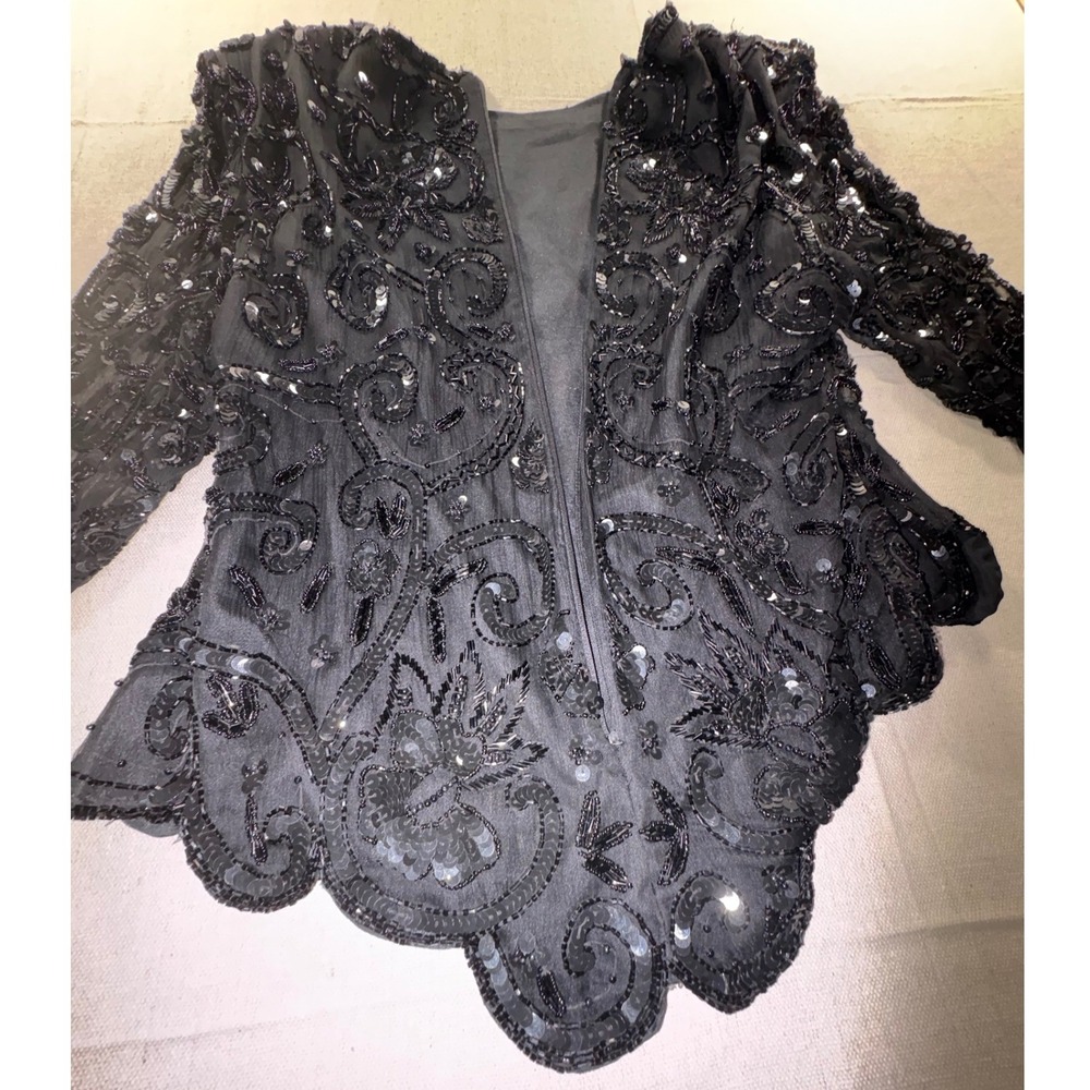 Laurence Kazar Black Silk Beaded Sequin Floral Evening Top Long Sleeve Large - Picture 12 of 12